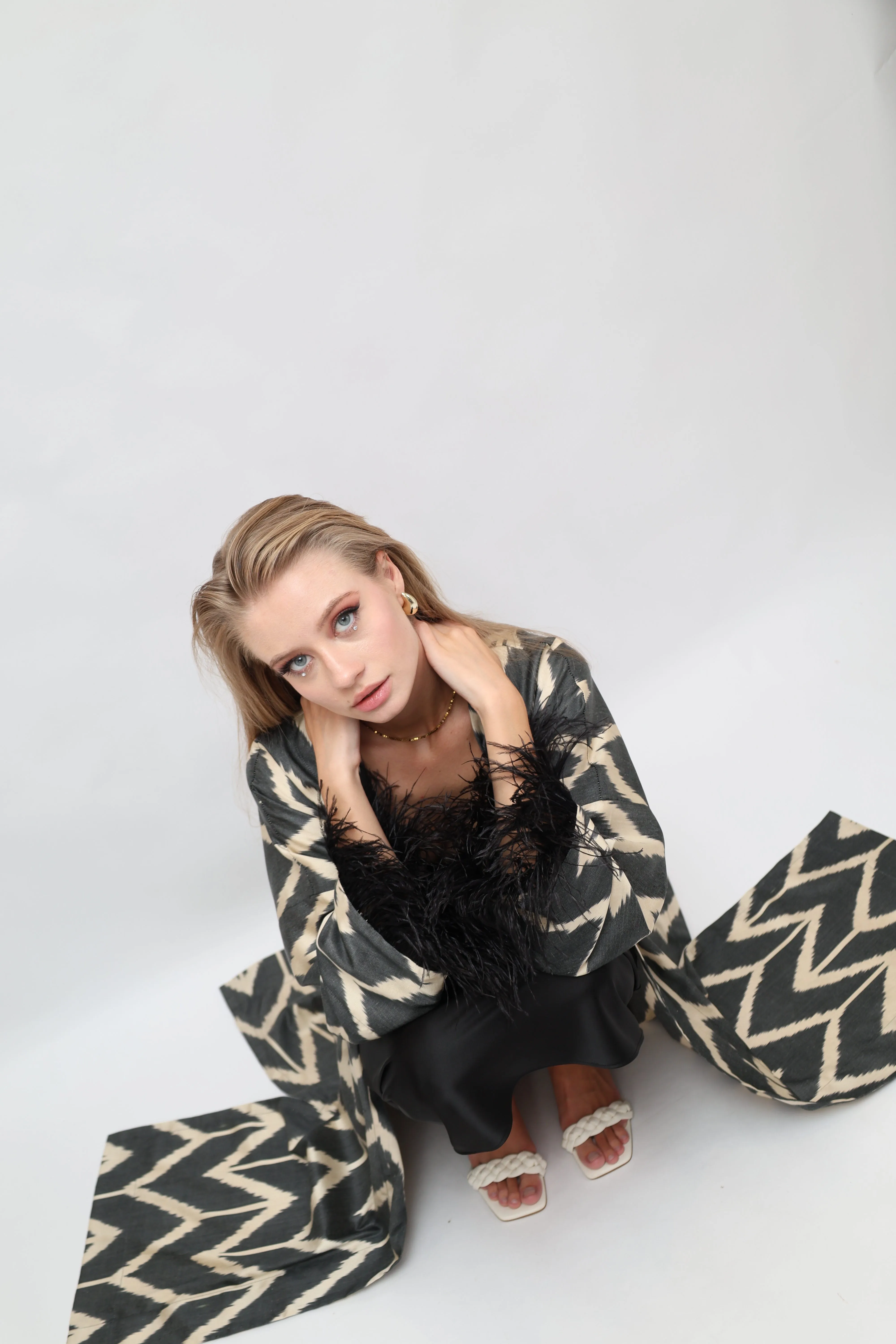 85% Silk Black Maxi Kimono With Feathers "Midnight Enchantment"