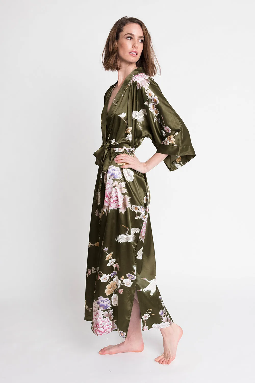 Chrysanthemum & Crane Long Kimono Robe