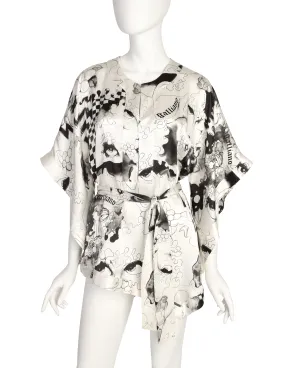 John Galliano Vintage White Black Grey Face Eye Painterly Art Print Silk Top