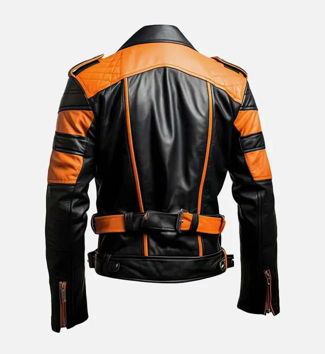 Men’s Stylish Orange Black Biker Leather Jacket