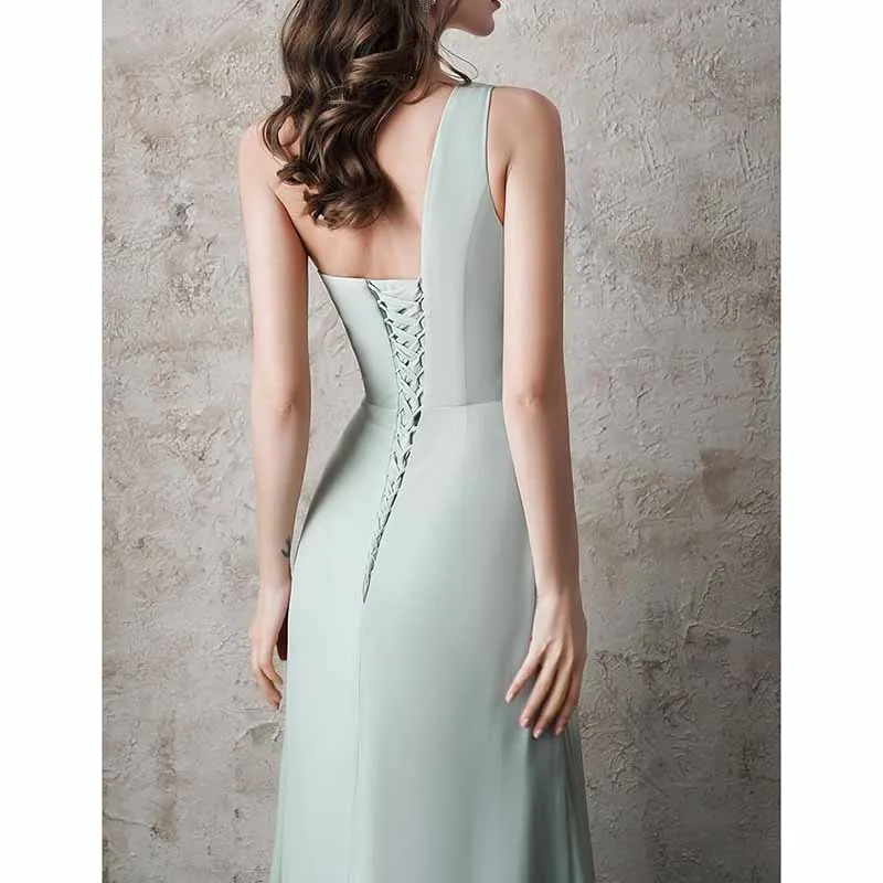 One Shoulder Bridesmaid Dresses with Pockes Long Ruched A Line Formal Dress with Slit